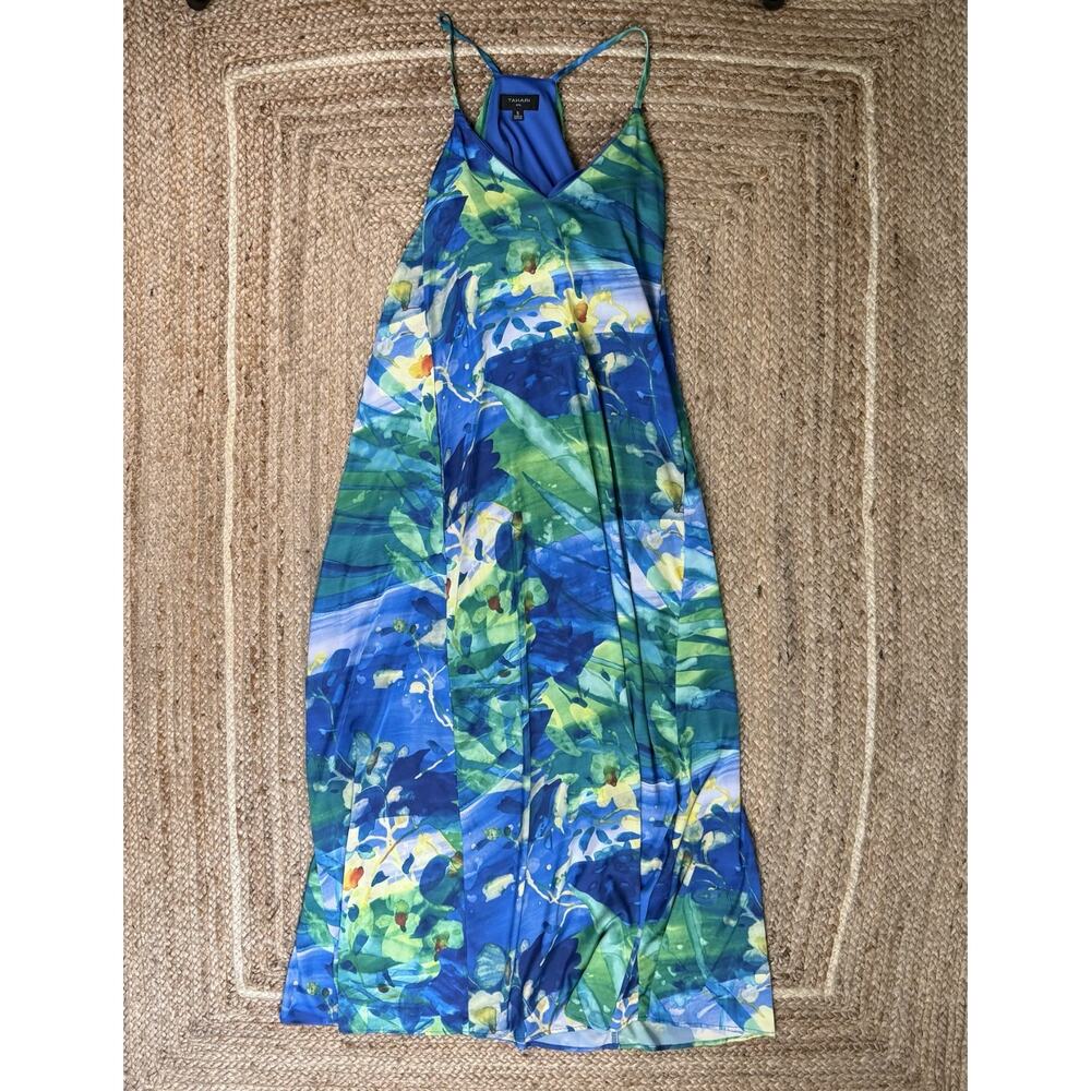 Womens Tahari Maxi Vacation Water Color Design Beach Silky Dress Small